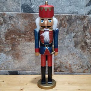 Wooden Nutcracker King In Regal Red Crown With Sword 20 Inch Tall
